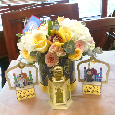 Passion Garden Ramadan Collection, Yellow Gerbera, Rose Creme, Hydrangea, Cymbidium, Spray Rose, Eucalyptus, Black Box